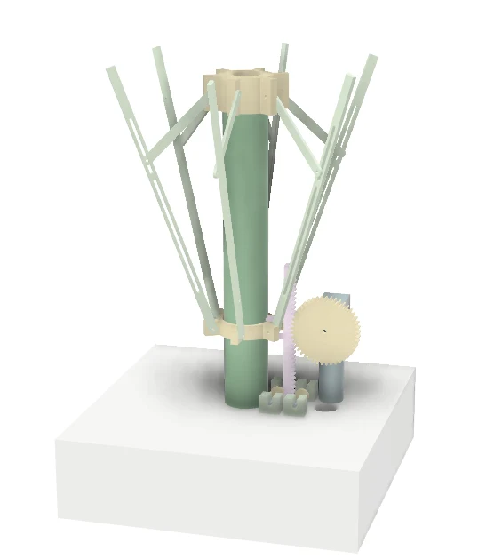 ShyBloom CAD assembly showing the central pillar, radial supports, moving ring and rack-and-pinion drive