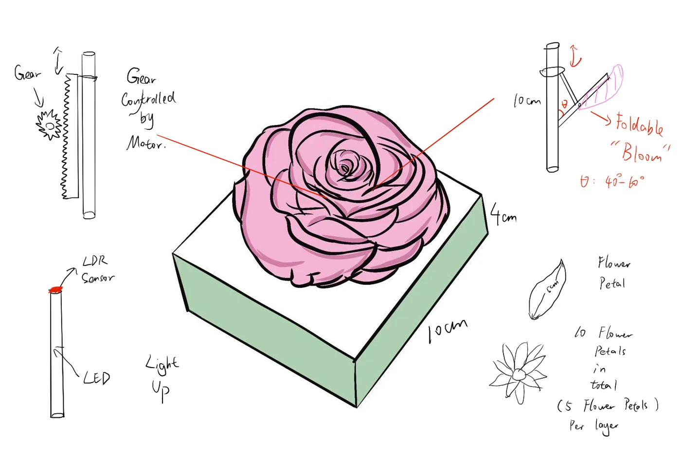 Original hand-drawn ShyBloom concept with rose-like petals, an LDR, a geared slider and folding petal links