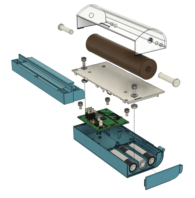 Exploded CAD view of the Dooti prototype, showing the housing, electronics and roller assembly