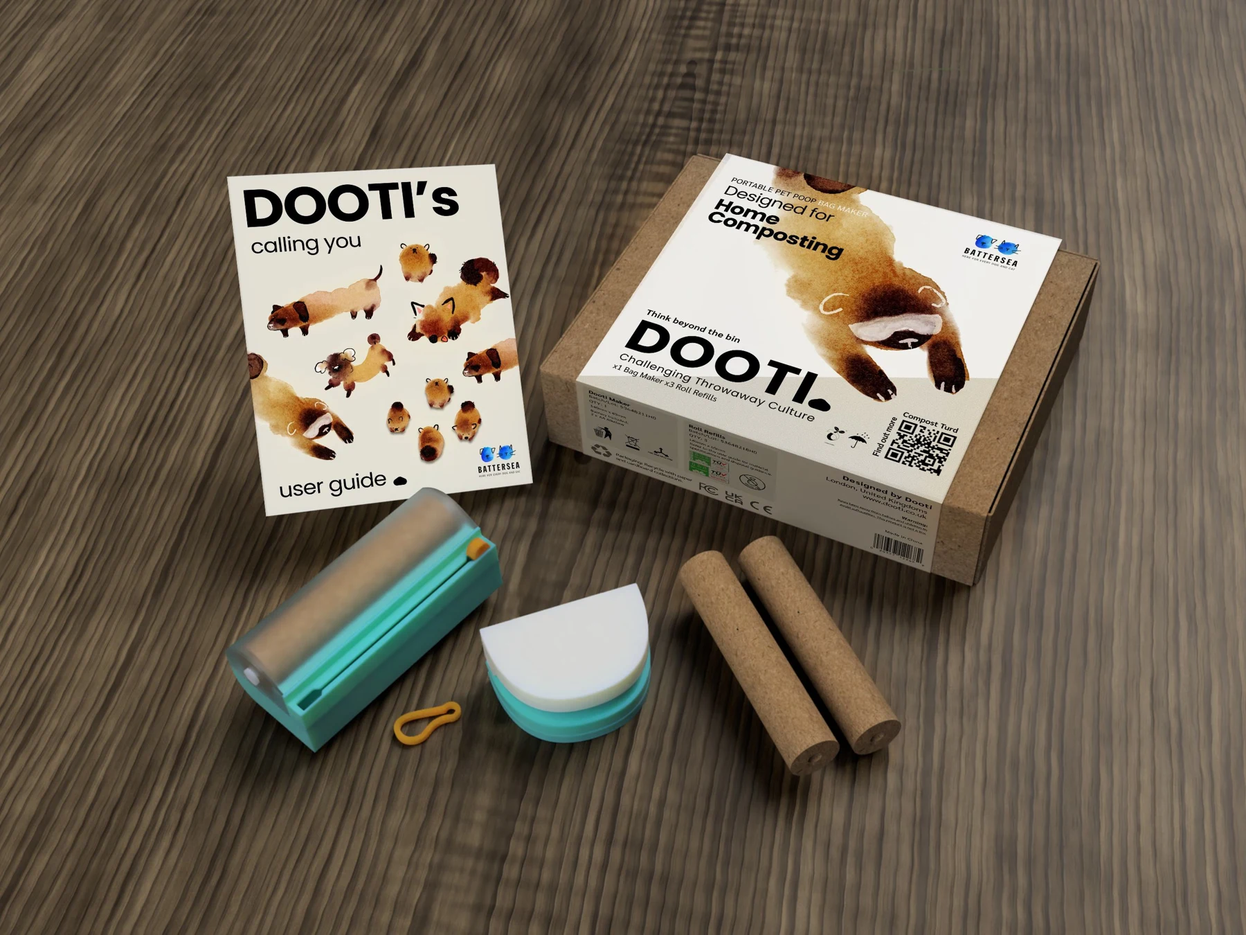 Dooti final team presentation with the bag maker, reusable pouch, paper rolls and branded packaging