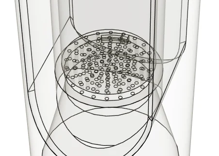 PetEase CAD cutaway of the perforated lower housing and activated-carbon compartment
