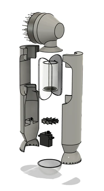 Exploded PetEase CAD: brush head, split handle shell, fur chamber, motor and lower carbon compartment