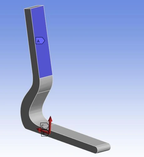 ANSYS running blade setup, with upper fixed support in blue and applied load arrows at the foot