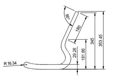 Technical drawing of the final blade, with overall height 353.45 mm and a raised tip