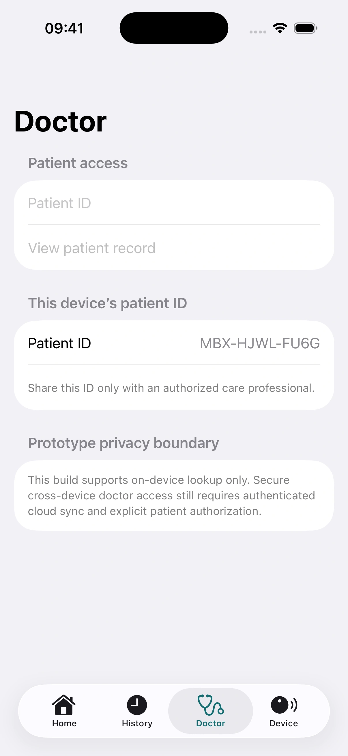 Actual MedBox iOS app: Review locally. English simulator screenshot with development data.