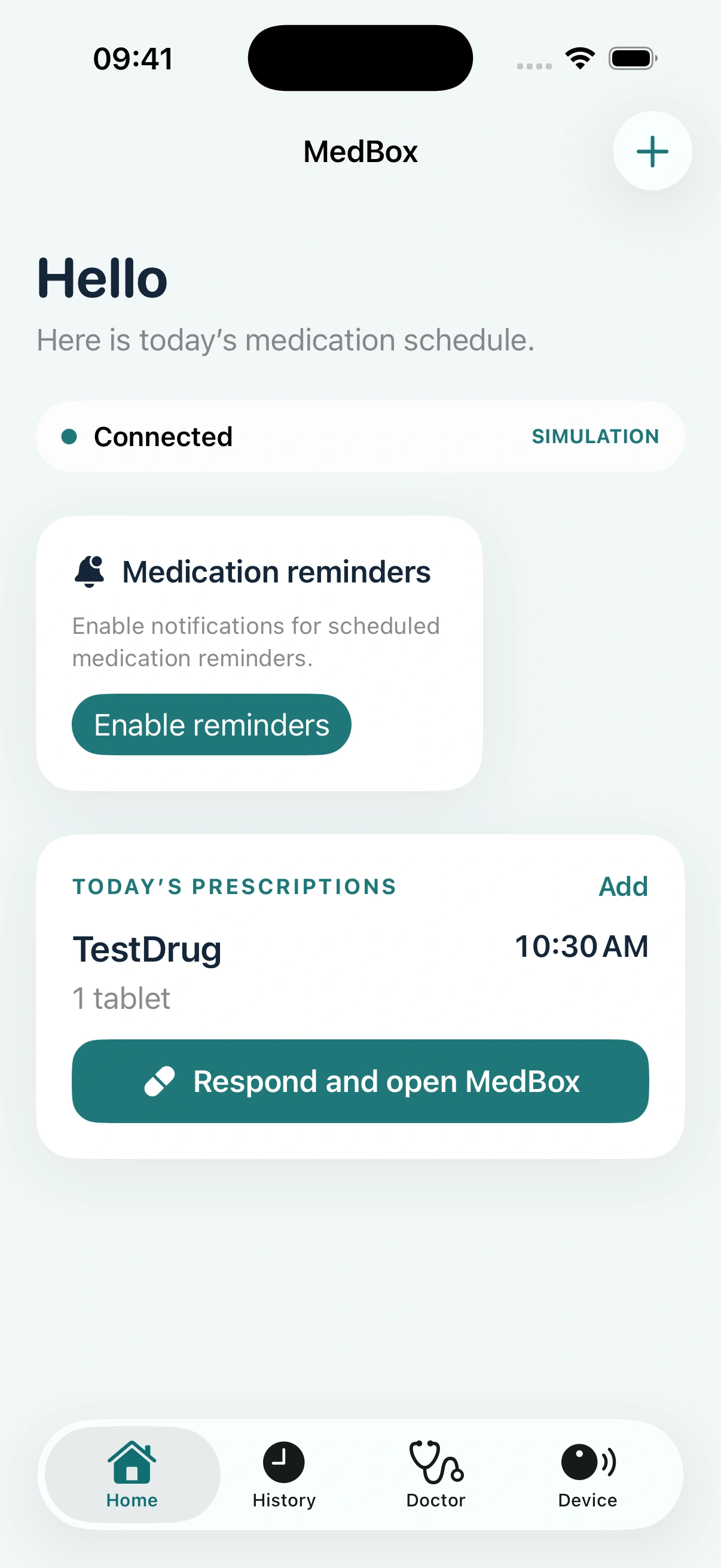 Actual MedBox iOS app: Plan & connect. English simulator screenshot with development data.