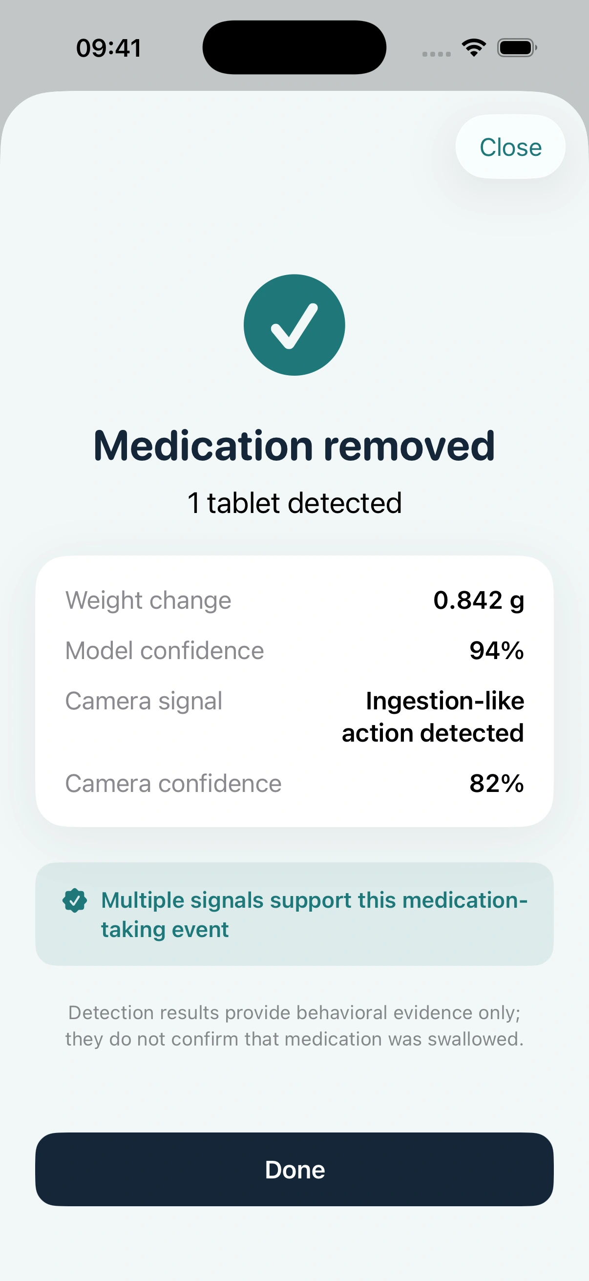 MedBox iOS result screen showing weight evidence and a separate visual signal in a development mock event