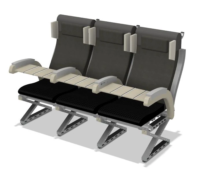 Final three-seat economy-class concept with a shared frame, dark cushions and folding trays