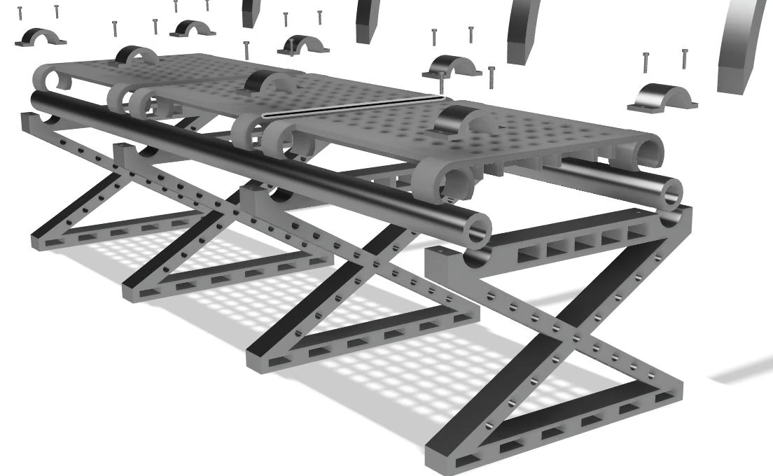 Exploded CAD view showing the pan and fixings separating from the shared seat base