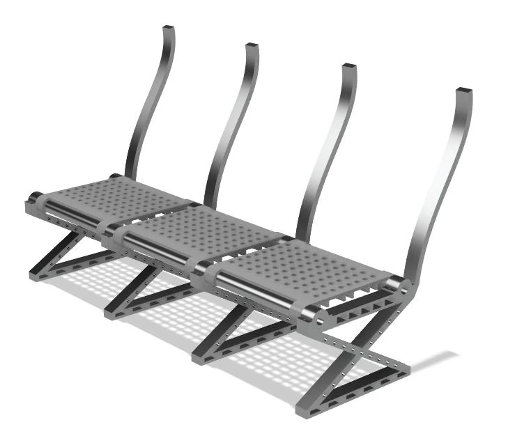 Isolated aluminium seat frame and perforated pans for a three-seat row