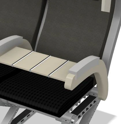 Concept seat showing the segmented folding tray deployed from the armrest