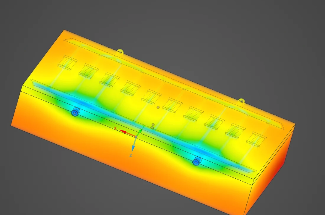 Original CFD temperature field showing cooler regions near the cold plate passages and warmer regions away from them