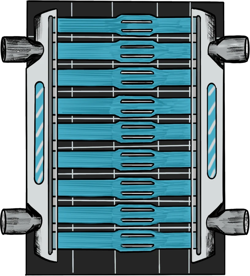 Original cold-plate concept showing the channel network and two pairs of ports