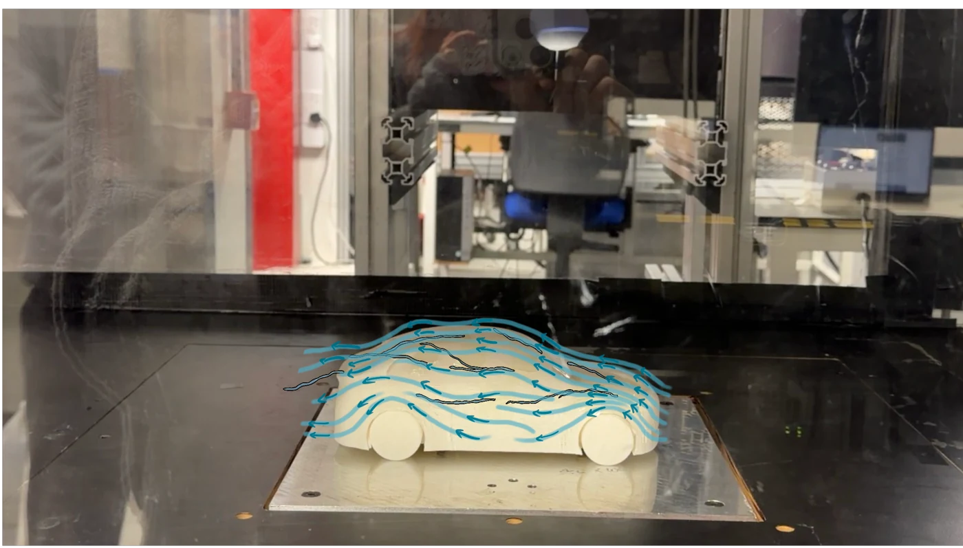 Printed SUV in the wind tunnel with the report's overlaid flow annotations and surface tufts